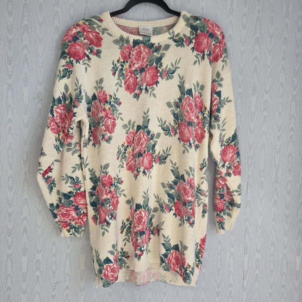 Vtg 80s Silk Angora Sweater Women's L Pink Roses Tunic Romantic Cottagecore